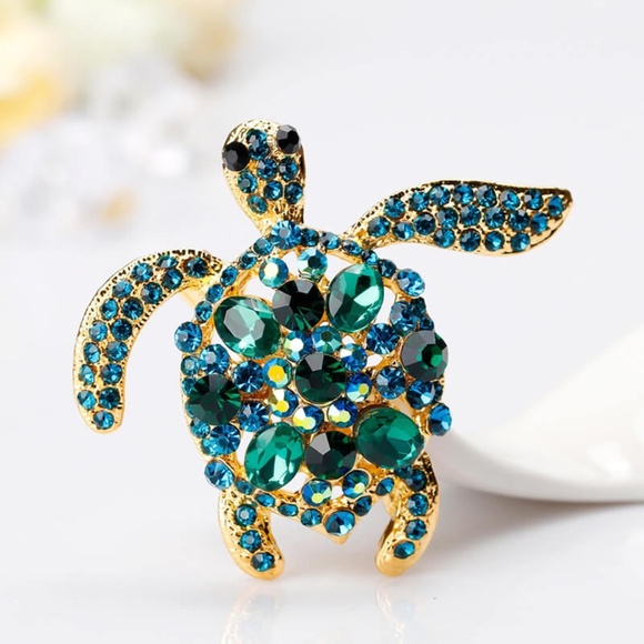 **ROCHELLE* Gold x Blue Fashion Sea Turtle Brooch - Picture 2 of 4
